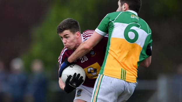 Ger Egan, Westmeath, and Paul McConway, Offaly, in Bord Na Mona O'Byrne Cup action last month.