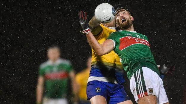 Niall Daly, Roscommon, and Aidan O'Shea, Mayo, in Allianz Football League action at Elverys MacHale Park.