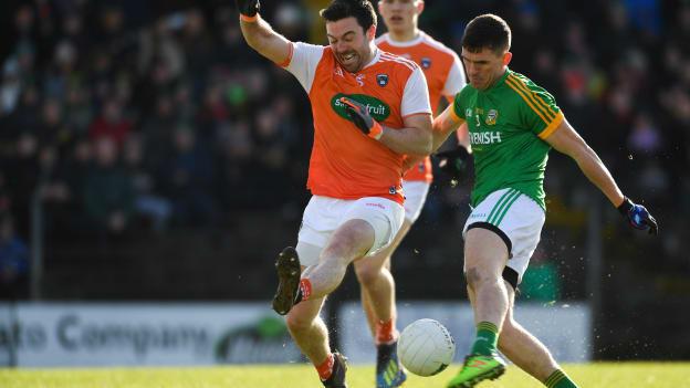 Shane McEntee kicks a score for Meath against Armagh at Pairc Tailteann.