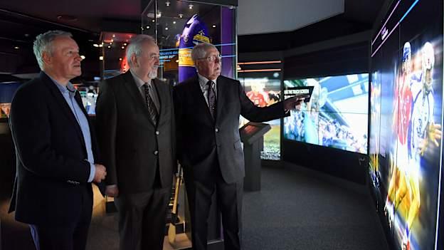 Former Kerry footballer and selector Mikey Sheehy, Professor Pauric Travers, Chairperson of the BAI, and former Dublin goalkeeper Paddy Cullen pictured at the launch of the GAA Digital Archive at Croke Park.