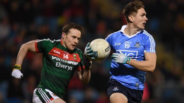 Michael Fitzsimons, Dublin, and Andy Moran, during an Allianz Football League clash at Elverys MacHale Park last February.