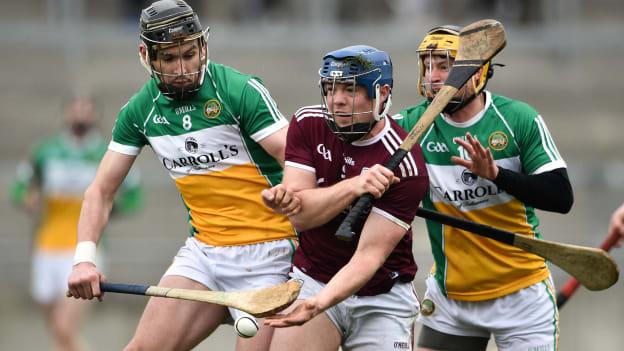 Offaly's Aidan Treacy and Kevin Dunne surround Galway's Sean Kilduff at Bord Na Mona O'Connor Park.
