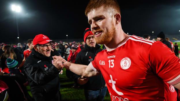 Tyrone manager Mickey Harte and Cathal McShane shake hands following Saturday's Healy Park victory against Monaghan.