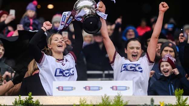 Joint Slaughtneil captains Grainne O'Kane and Siobhan Bradley following another Camogie success at Croke Park.