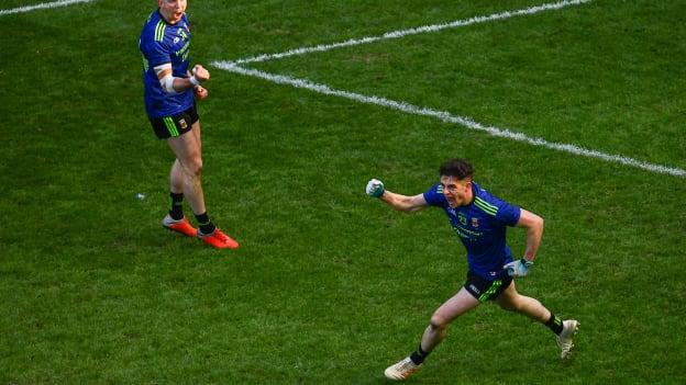 Ciarán Treacy of Mayo celebrates after scoring his side's third goal with team-mate Evan Regan, left, during the Allianz Football League Division 1 Final match between Kerry and Mayo at Croke Park in Dublin. 