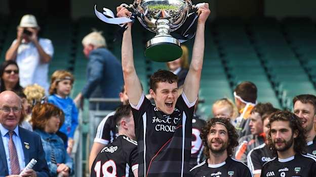 Gerard O'Kelly-Lynch lifts the Lory Meagher Cup after Sligo's victory over Lancashire in the 2018 Final. 