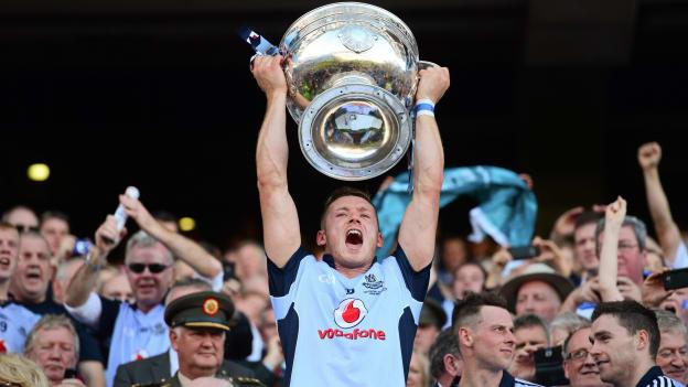 Paul Flynn lifts the Sam Maguire Cup after Dublin's victory over Mayo in the 2013 All-Ireland SFC Final. 