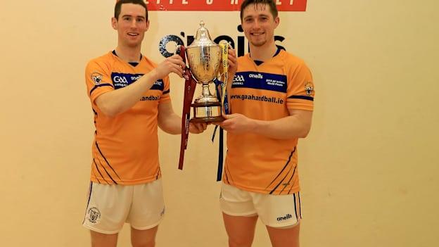 Diarmaid Nash and Colin Crehan celebrate after retaining their O'Neill's All-Ireland Senior Doubles handball title. 
