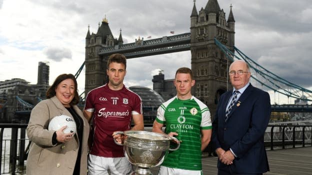 In attendance, from left, Siobhán McManamy of Tourism Ireland, Paul Conroy of Galway, Liam Gavaghan of London and Uachtarán Chumann Lúthchleas Gael John Horan, during the Sam Maguire coming ‘home’ to London as GAA and Tourism Ireland mark the start of Championship 2019 at St Katharine Docks in London, England. 