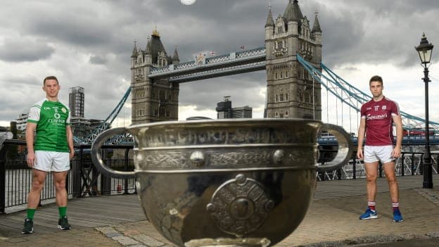 Liam Gavaghan of London, left, and Paul Conroy of Galway in attendance during the Sam Maguire coming ‘home’ to London as GAA and Tourism Ireland mark the start of Championship 2019 at St Katharine Docks in London, England. 