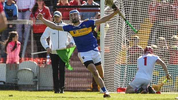 John McGrath celebrates scoring Tipperary's second goal against Cork in their Munster SHC first-round clash. 