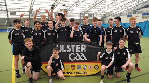 Players from Banbridge High School, Newbridge Integrated College, and St Patrick’s Banbridge join together to celebrate Banbridge Cúchulainn’s victory in the Cúchulainn Cup Blitz 2017