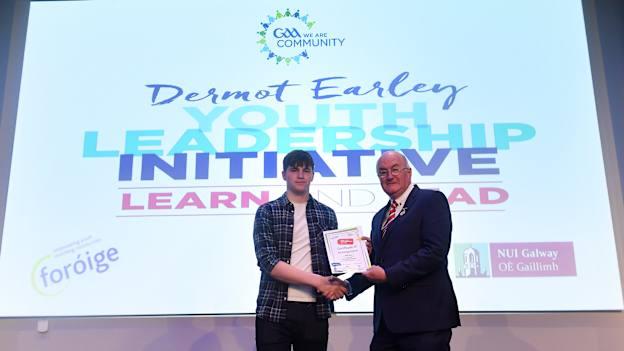 Keith Doyle receives his certificate from Uachtarán Chumann Lúthchleas Gael John Horan at the Dermot Earley Youth Leadership Recognition Day, hosted by the GAA in partnership with Foróige and NUIG. Croke Park in Dublin. 