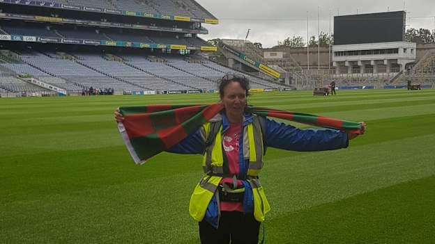 Patricia Watterson pictured at Croke Park after completing her charity walk from Ben Dearg GAC in Kilclief, Co. Down. The walk was in memory of Patricia's late husband and Kilclief stalwart, Pat Watterson.