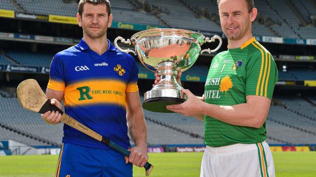 Lory Meagher Cup finalists Edmond Kenny of Lancashire, left, and Declan Molloy of Leitrim at Croke Park.