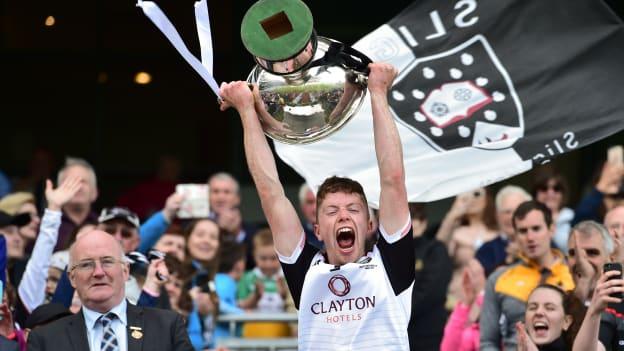 Sligo captain James Weir lifts the Nicky Rackard Cup after the Nicky Rackard Cup Final match between Armagh and Sligo at Croke Park in Dublin. 