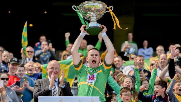 Leitrim captain Declan Molloy celebrates with the Lory Meagher Cup after victory over Lancashire. 