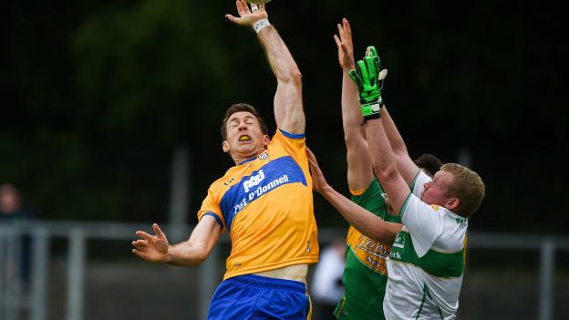 Gary Brennan of Clare in action against Cathal McCrann of Leitrim during the GAA Football All-Ireland Senior Championship Round 2 match between Leitrim and Clare at Avantcard Páirc Seán Mac Diarmada in Carrick-on-Shannon, Leitrim.