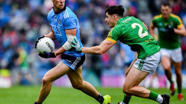 Paul Mannion of Dublin in action against Séamus Lavin of Meath during the Leinster GAA Football Senior Championship Final match between Dublin and Meath at Croke Park in Dublin.