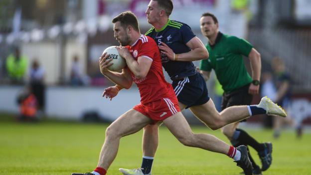 Niall Sludden of Tyrone in action against Cian O'Donoghue of Kildare during the GAA Football All-Ireland Senior Championship Round 3 match between Kildare and Tyrone at St Conleth's Park in Newbridge, Co. Kildare.