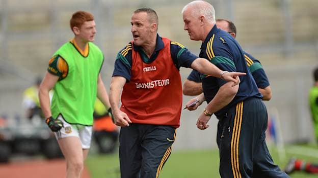 Andy McEntee celebrates after Meath's first goal against Mayo in the 2012 All-Ireland Minor Football Championship Semi-Final at Croke Park.