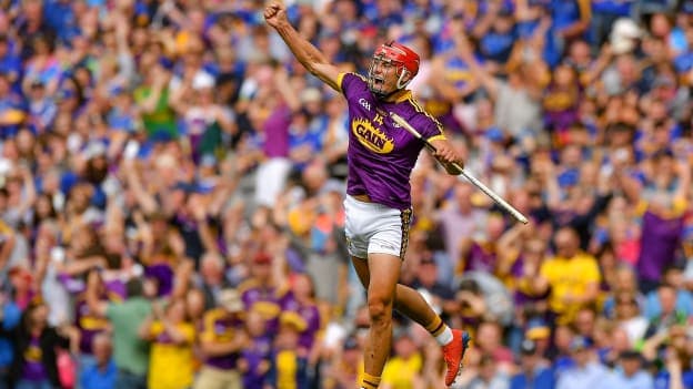 Lee Chin celebrates after scoring Wexford's second goal against Tipperary. 