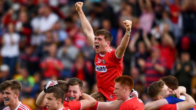 Peter O'Driscoll of Cork, centre, and team-mates celebrate following the EirGrid GAA Football All-Ireland U20 Championship Semi-Final match between Cork and Tyrone at Bord Na Mona O'Connor Park in Tullamore, Offaly.