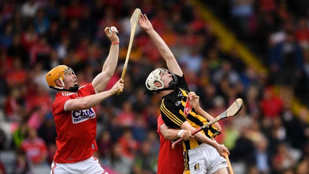 James Keating of Cork wins possession ahead of Seán Ryan of Kilkenny during the Bord Gáis GAA Hurling All-Ireland U20 Championship Semi-Final match between Kilkenny and Cork at O’Moore Park in Portlaoise, Laois. 