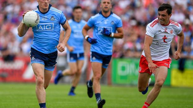 Dublin's Diarmuid Connolly in action against Tyrone's David Mulgrew in Healy Park this afternoon.