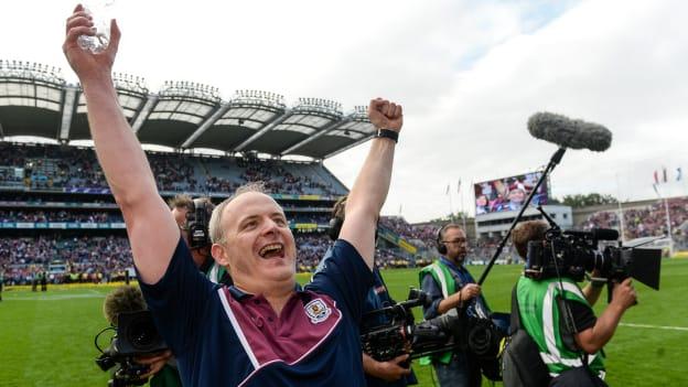 Mícheál Donoghue celebrates after the 2017 All Ireland SHC Final at Croke Park.