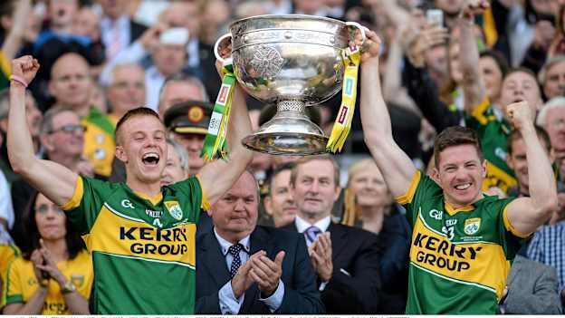 Fitzgerald, left, lifts the Sam Maguire cup with Kieran O'Leary after the 2014 All Ireland Senior Football Championship Final between Kerry and Donegal. 