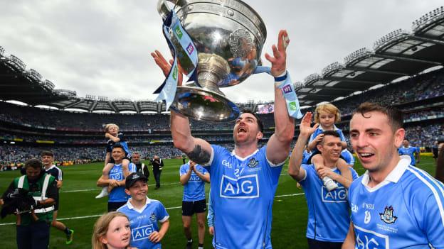 Michael Darragh Macauley of Dublin celebrates with the Sam Maguire following the 2018 GAA Football All-Ireland Senior Championship Final match between Dublin and Tyrone at Croke Park in Dublin. 