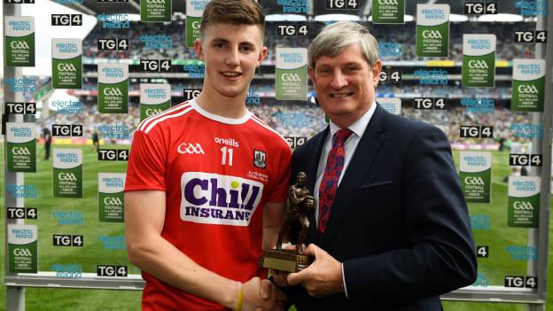 Conor Corbett of Cork is presented with the Player of the Match award by, Pat O’Doherty, Chief Executive, ESB, for his major performance in the Electric Ireland GAA Football All-Ireland Minor Championship Final match between Cork and Galway at Croke Park in Dublin.7