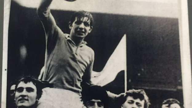Antrim U21 captain Liam Boyle lifts the cup in Croke Park in 1969.