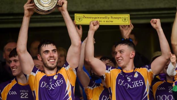 Ryan Jones of Derrygonnelly Harps lifts the cup for his side's fifth title in a row, after the Fermanagh County Senior Club Football Championship Final match between Derrygonnelly Harps and Roslea Shamrocks at Brewster Park in Enniskillen, Fermanagh.
