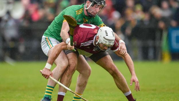 Neil McManus, Ruairí Óg, Cushendall, and Ryan McGarry, Dunloy, during the Antrim Senior Hurling Championship Final at Ballycastle.