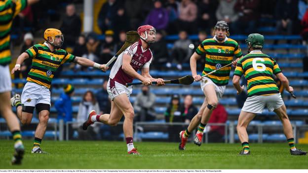 Niall Kenny of Borris-Ileigh is tackled by Donal Cronin of Glen Rovers during the AIB Munster GAA Hurling Senior Club Championship Semi-Final at Semple Stadium in Thurles.
