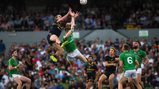 Nat Fyfe of Australia jumps higher than Kevin Feely of Ireland, to make a mark, during the 2017 Virgin Australia International Rules Series 2nd test at the Domain Stadium in Perth, Australia. 