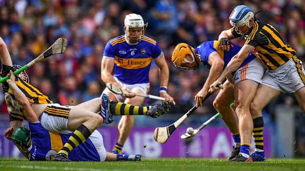 Ronan Maher of Tipperary is tackled by TJ Reid of Kilkenny during the 2019 GAA Hurling All-Ireland Senior Championship Final match between Kilkenny and Tipperary at Croke Park in Dublin.