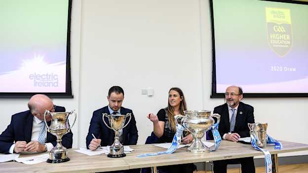 Maeve Galvin, Sponsorship Programme Manager, Electric Ireland, with, from left, Uachtarán Chumann Lúthchleas Gael John Horan, Michael Hyland, Chairperson of HE GAA, and Professor Brian MacCraith President of DCU, during the Electric Ireland Higher Education GAA Championships Launch and Draw at DCU, Dublin. 