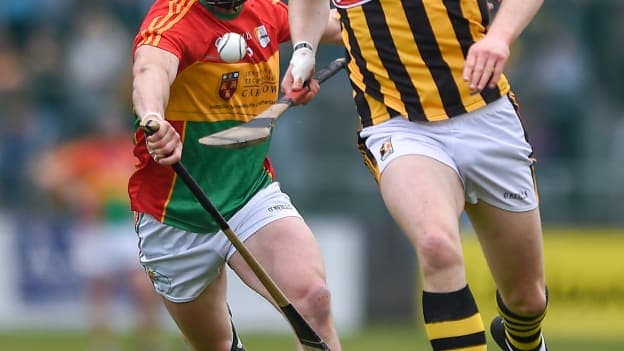 Walter Walsh, Kilkenny, and David English, Carlow, in action during the 2019 Leinster Senior Hurling Championship encounter at Netwatch Cullen Park.