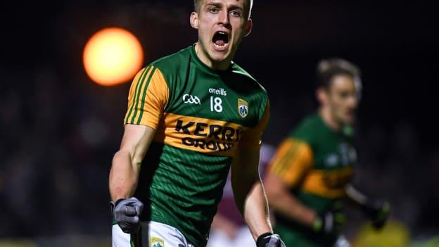 Killian Spillane of Kerry celebrates after scoring the last point of the game to put his side one point ahead during the Allianz Football League Division 1 Round 2 match between Kerry and Galway at Austin Stack Park in Tralee, Kerry. 