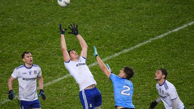 Darren Hughes of Monaghan in action against Michael Fitzsimons of Dublin during the Allianz Football League Division 1 Round 3 match between Dublin and Monaghan at Croke Park in Dublin. 