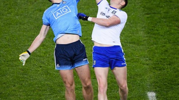 Niall Kearns and Brian Fenton challenge for the throw-in at the start of the recent Monaghan v Dublin Allianz Football League Division 1 clash at Croke Park. 