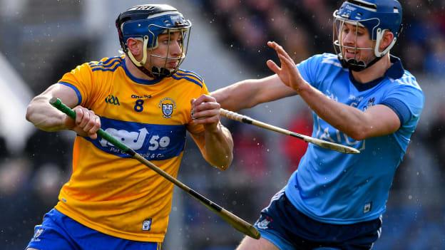 David McInerney, Clare, and Sean Moran, Dublin, in Allianz Hurling League action at Cusack Park.