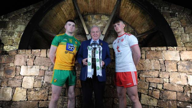 Donegal captain Luke Gavigan and Tyrone captain Antoin Fox with Ulster GAA President Oliver Galligan ahead of today's EirGrid Ulster U-20 Football Championship Final.