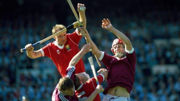 Cork's Teddy McCarthy rises high to catch a ball in the 1990 All-Ireland SHC Final against Galway. 