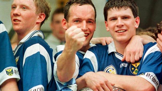 Cavan players, from left, Jason Reilly, Damien O'Reilly and Larry Reilly of Cavan with the Anglo-Celt Cup after victory over Derry in the 1997 Ulster SFC Final. 