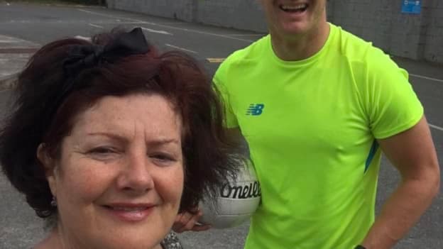 Ciarán Kilkenny pictured with his mother Mary who helped him shoot his GAA skills videos. 