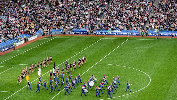 The Artane Band leads both sides through the pre-match parade ahead of the 2019 Liberty Insurance All-Ireland Senior Camogie Championship Final match between Galway and Kilkenny at Croke Park in Dublin. 